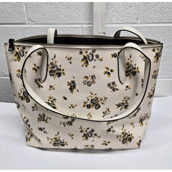 Coach Taylor Black and Yellow Floral Print Zip Top Tote/Shoulder Bag 1 Flaw - Picture 3 of 13